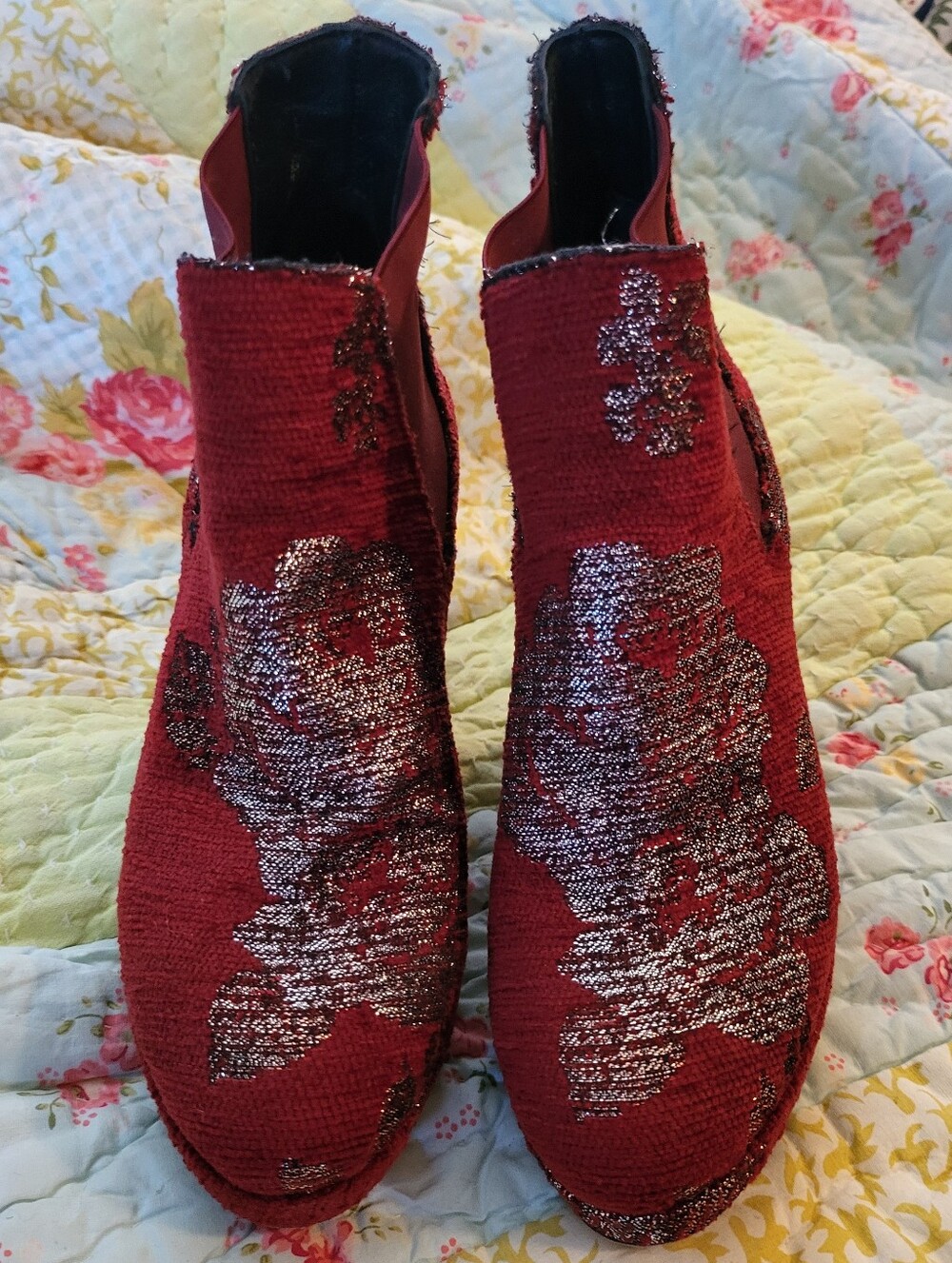 Rose A Pois Red And Silver Tapestry Heel Boots Booties Made In Italy Size 5 - Picture 3 of 6